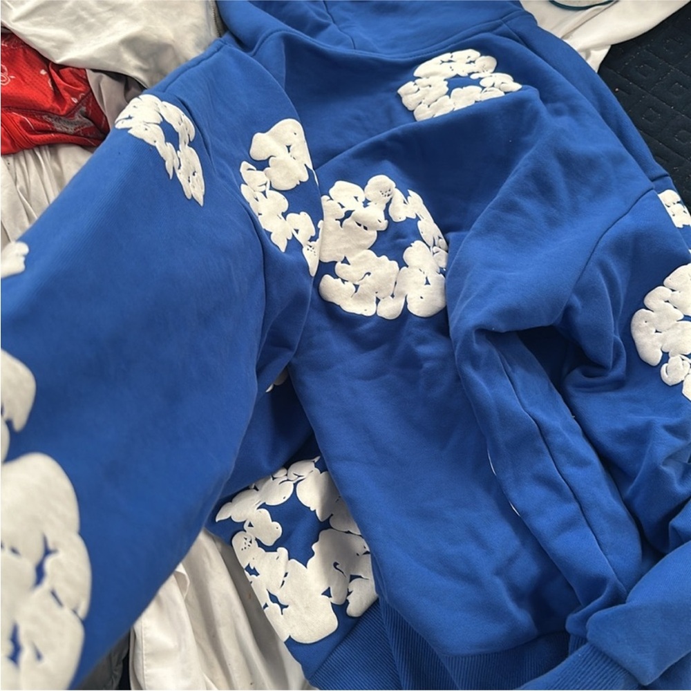 Blue Hoodie with White Floral Design